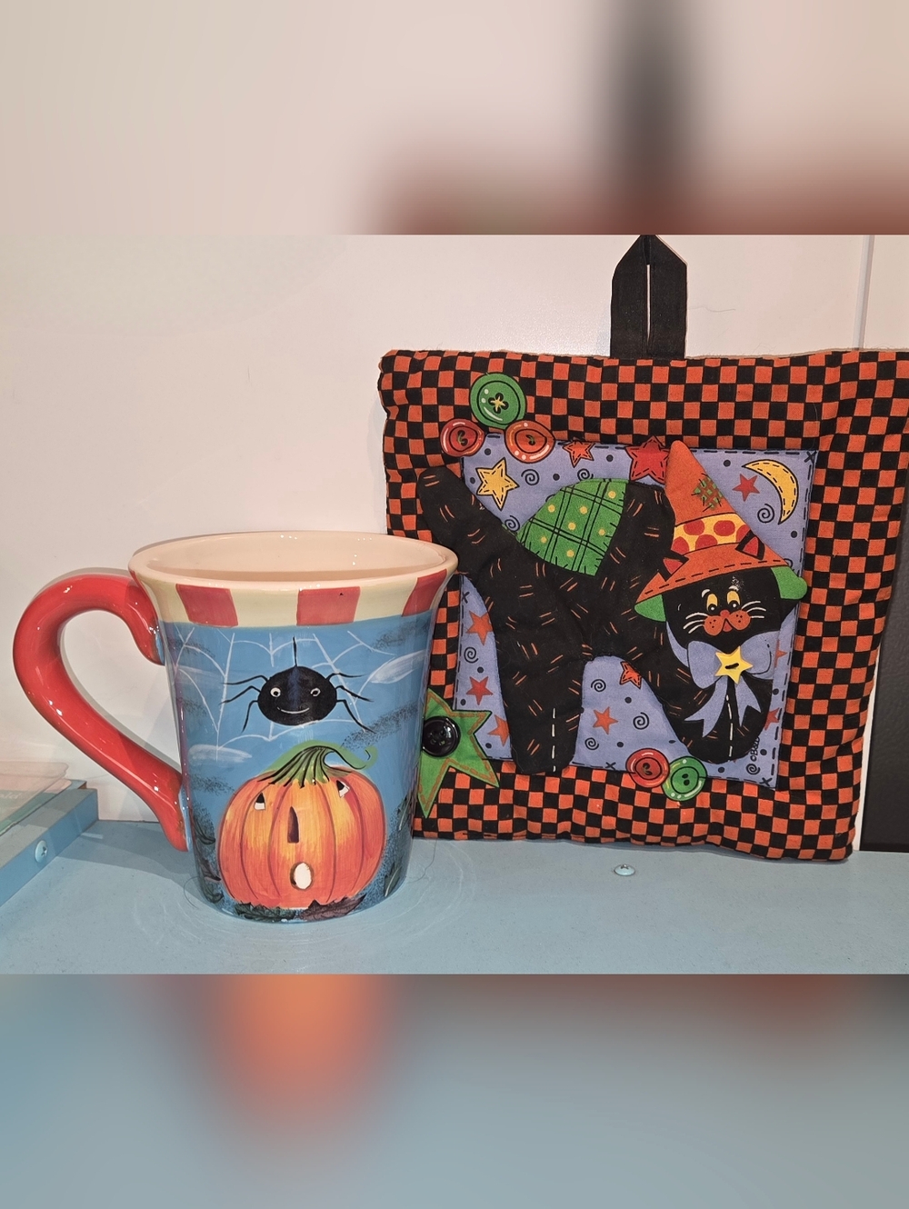 Halloween Pumpkin Spider Ceramic Mug With Cat Potholder